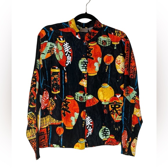 Vintage Chicos 100% Silk Chinese Lantern Print Mandarin Collar Shirt Jacket M - Picture 2 of 5